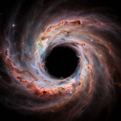 Photograph of a cosmic whirlpool galaxy with a dark central void, surrounded by vibrant, swirling clouds of blue, white, and red gas and dust