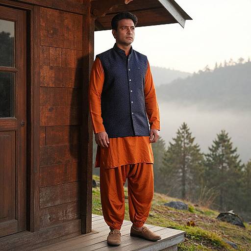 Photograph of a young South Asian man in orange kurta and black vest, standing in front of a rustic wooden cabin, with misty mountain landscape