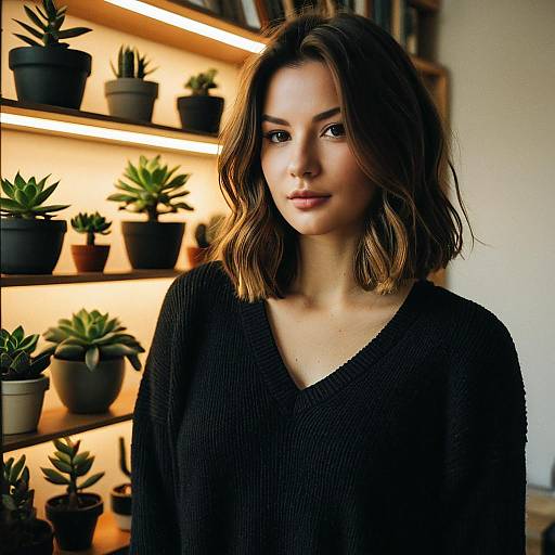 Young Woman by Bookshelf with Succulents