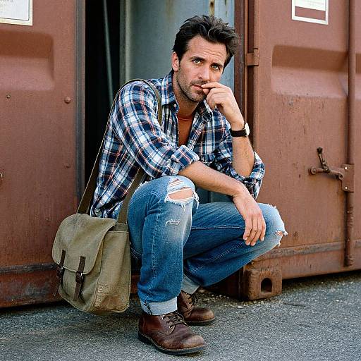Photograph of a handsome, dark-haired man with stubble, wearing a plaid shirt, ripped jeans, and brown boots, squatting by a