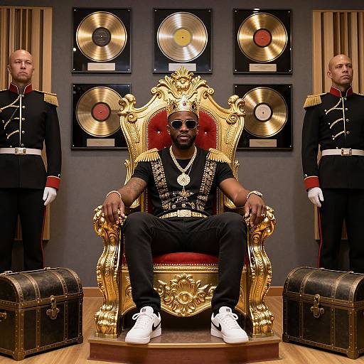 Photograph of a Black man with sunglasses, gold chains, black outfit, and white sneakers, sitting on an ornate gold throne, flanked by