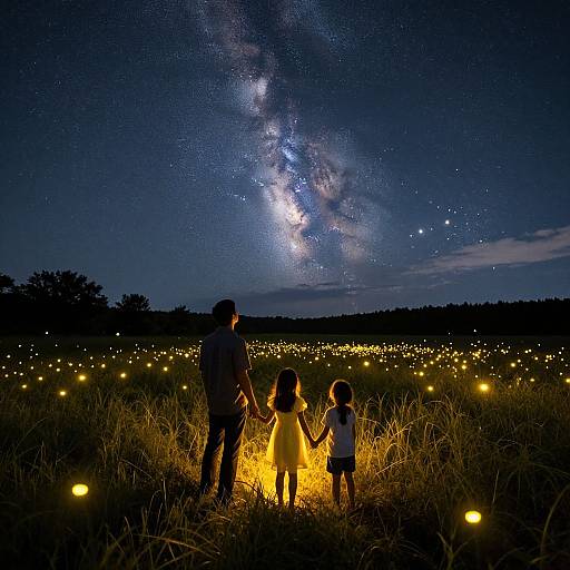 Photograph of a man, woman, and child holding hands, gazing at the Milky Way, surrounded by glowing fireflies in a grassy field