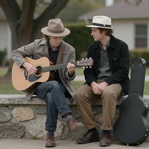 Two Men Playing Acoustic Guitar Outdoors