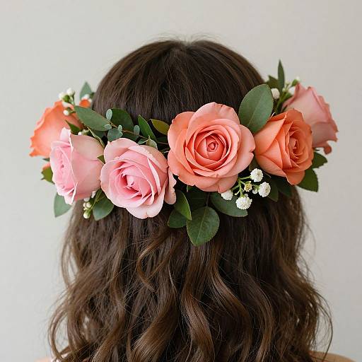 Photograph of a woman with wavy brown hair, wearing a floral crown of pink and peach roses with green leaves and small white flowers, against a