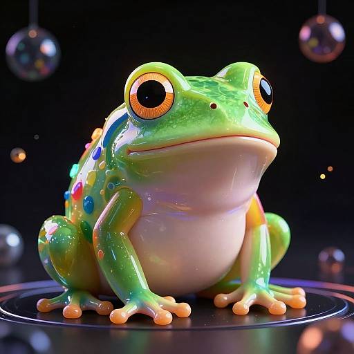 CGI image of a vibrant, glossy green frog with large orange eyes, colorful spots, sitting on a black circular platform against a dark background with reflective