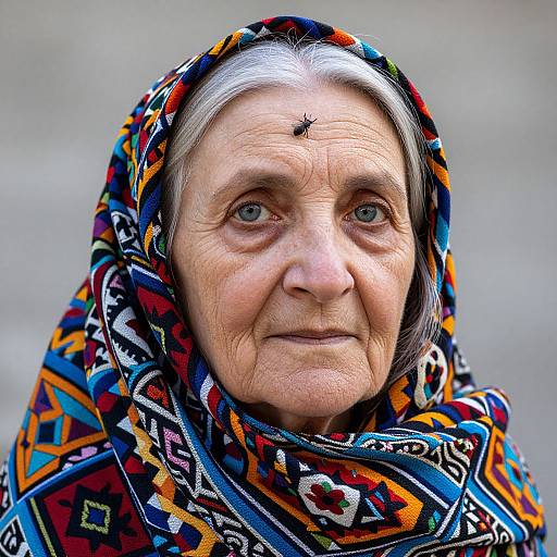 Photograph of an elderly woman with white hair, wearing a colorful, patterned headscarf, blue eyes, and a small fly on her forehead