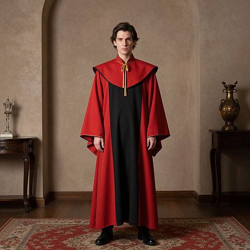 Photograph of a man with dark hair wearing a red and black medieval-style robe, standing in a warmly lit, vintage room with a patterned rug