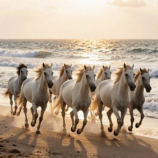 White Horses Running on Beach Sunset