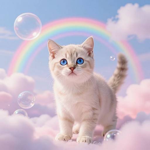 Photograph of a white kitten with blue eyes standing on fluffy clouds, surrounded by bubbles and a vibrant rainbow against a blue sky.