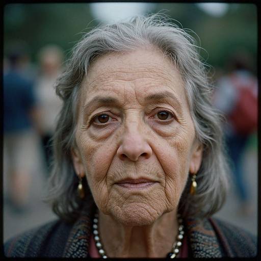 Close-up photograph of an elderly woman with wrinkled skin, gray hair, brown eyes, wearing gold earrings and a beaded necklace, blurred background of