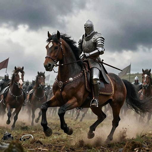 Photorealistic digital art of armored knight riding brown horse, leading cavalry charge under cloudy sky, dust rising from grassy field.