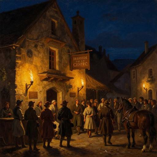 Nighttime painting of a medieval village square with lit torches, 
