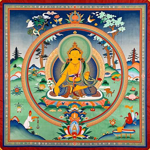 Vibrant, circular Tibetan thangka of a yellow Buddha meditating amidst colorful nature, animals, and floral patterns, framed with intricate borders.