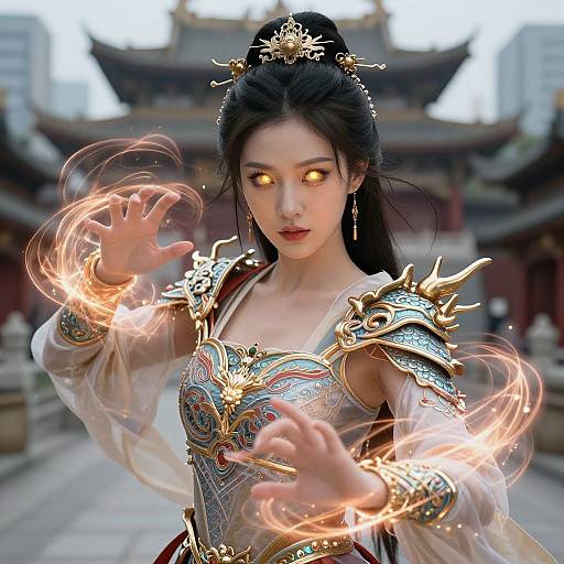 Digital artwork of an East Asian woman with glowing yellow eyes, black hair in an updo, wearing ornate gold and silver armor, surrounded by swirling