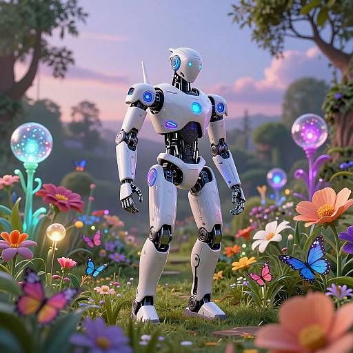 Futuristic Robot in Enchanted Garden