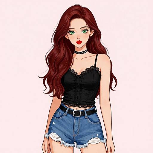 Digital anime-style drawing of a young woman with long red hair, green eyes, black lace-top tank top, denim shorts, black choker, and