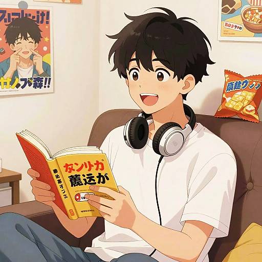 Anime-style digital drawing of a smiling, black-haired boy with headphones, reading a Japanese book on a brown couch. Posters and snack bag in the