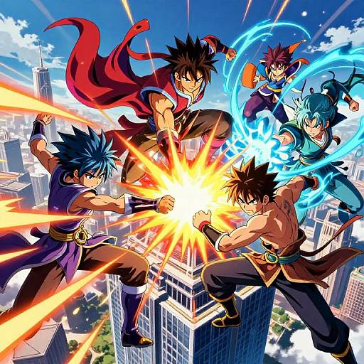 Dynamic anime-style illustration of five muscular, spiky-haired warriors in mid-air, firing energy blasts from fists over a cityscape. Vibrant colors,