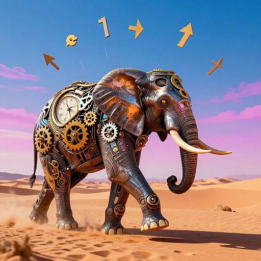 Digital artwork of a stylized, gear-covered elephant with clock components, walking in a vibrant desert under a blue sky with floating arrows.