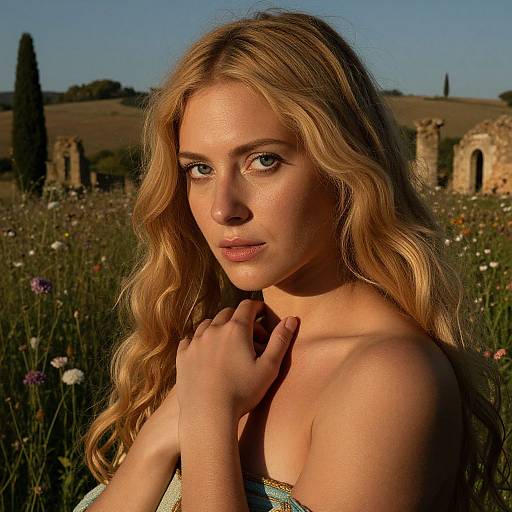 Photograph of a beautiful blonde woman with wavy hair, blue eyes, and fair skin, standing in a sunlit meadow with wildflowers and