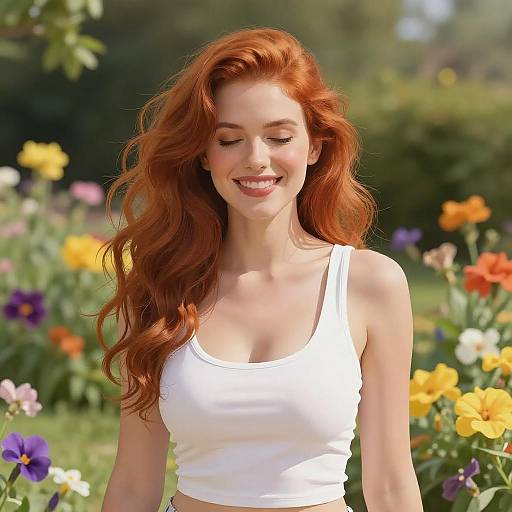 Serene Smiling Woman in Colorful Garden