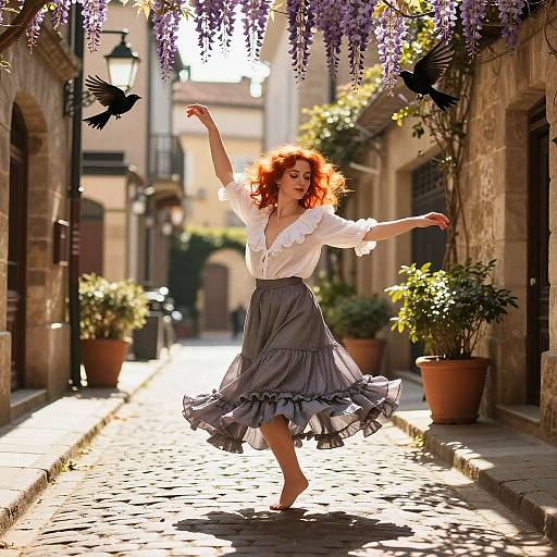 Photograph of a red-haired woman in a white blouse and gray ruffled skirt dancing on a sunlit cobblestone alley, surrounded by hanging purple