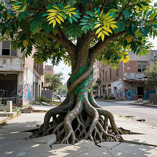 Photograph of a large tree with twisted trunk and exposed roots, standing on a sunlit urban street with graffiti-covered buildings in the background.