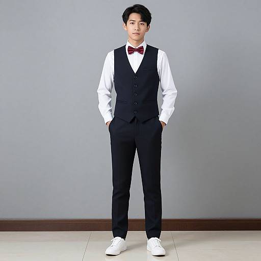 Photograph of an Asian man with short black hair, wearing a white shirt, black vest, red bow tie, black pants, and white sneakers,