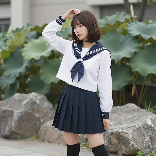 Asian Sailor Uniform Pose Outdoors