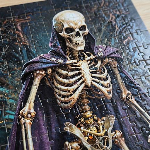 Photograph of a detailed, assembled skeleton puzzle piece image wearing a purple hooded cloak, with a dark, mystical forest background.