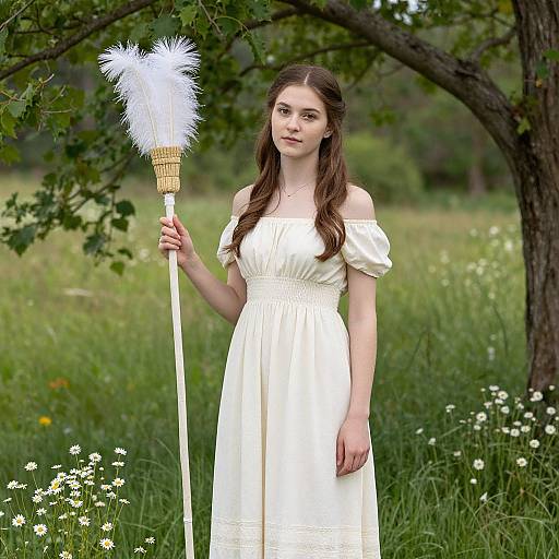 Photograph of a young woman with long brown hair, wearing a white off-shoulder dress, holding a feather-topped staff, standing in a
