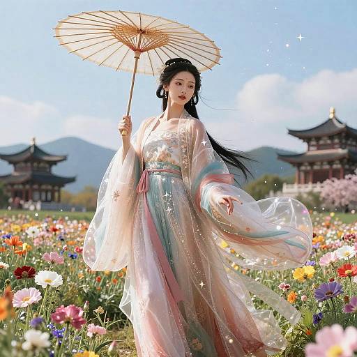 Elegant Girl in Blossom Field