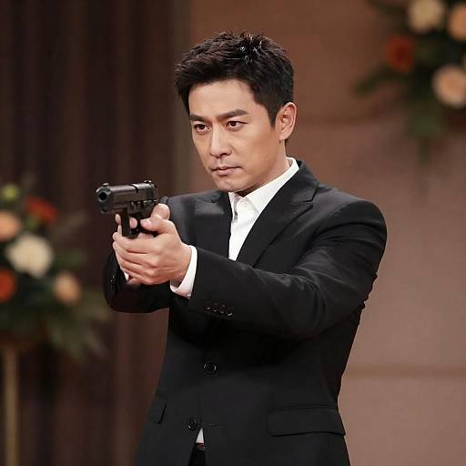 Man in Black Suit Aiming Handgun