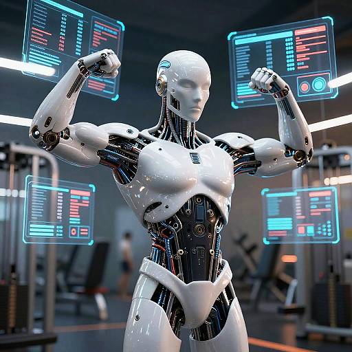 CGI image of a white, muscular, female humanoid robot flexing in a high-tech gym, surrounded by glowing neon screens.