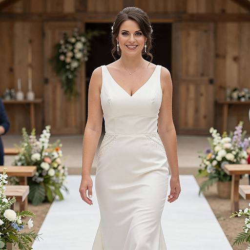 Photograph of a smiling, dark-haired woman in a white, sleeveless, V-neck wedding dress, walking down a floral-decorated aisle in