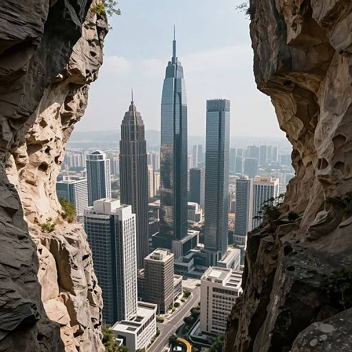 Photograph of a cityscape viewed through rocky canyon walls, showcasing tall skyscrapers, including a prominent, glass-topped central tower, under a