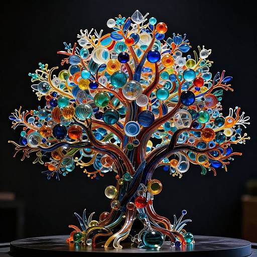 Vibrant glass tree sculpture with colorful, glowing orbs and intricate branches, set against a dark background, displayed on a circular table.