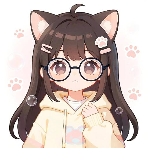 Anime-style digital drawing of a cute girl with black cat ears, large round glasses, long brown hair, white hoodie, and bubbles.