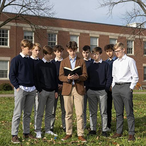 Teenage Boys Gathering at Brick Building