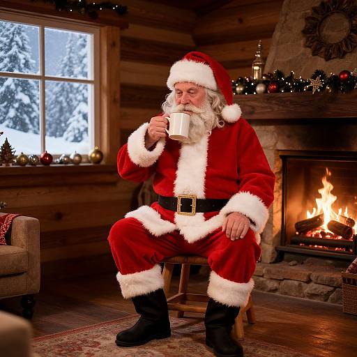 Elderly Santa in Rustic Christmas Cabin