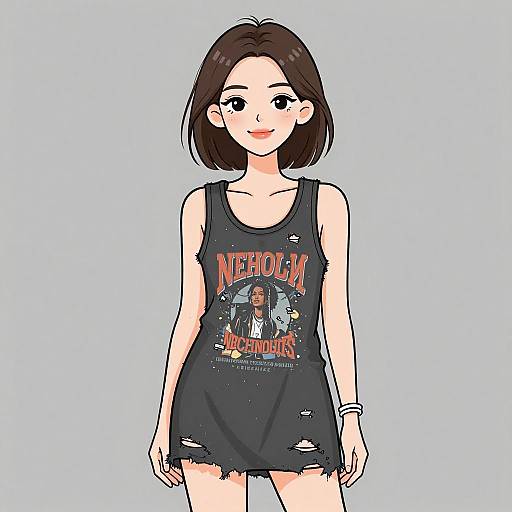Digital anime-style drawing of a smiling young woman with short brown hair, wearing a tattered black 