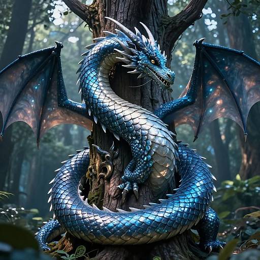 Photorealistic digital artwork of a blue, iridescent dragon with glowing scales and large wings, coiled around a tall tree in a dense,