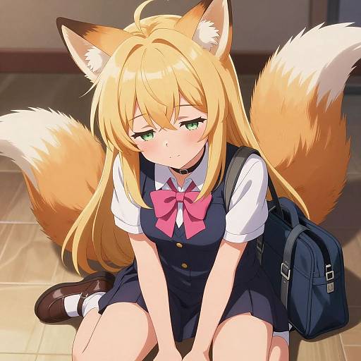 Anime-style digital drawing of a blonde fox-girl with green eyes, wearing a navy dress with pink bow, white shirt, and black backpack, sitting on