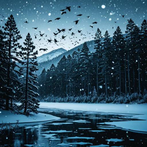 Snowfall Over Frozen Lake and Pine Forest Snowfall Over Frozen Lake and Pine Forest