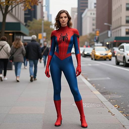 Woman in Spider-Man Suit on City Street
