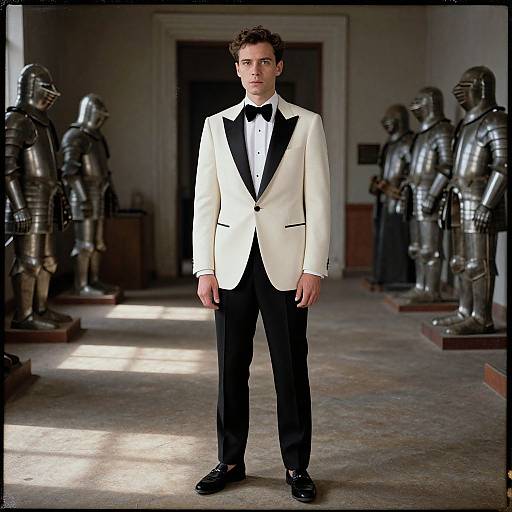 Photograph of a young, handsome man in a white tuxedo with black lapels, standing in a dimly lit room with silver medieval knight