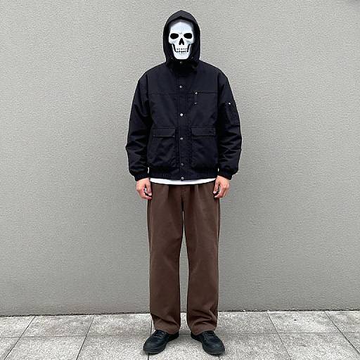 Photograph of a person in a black hooded jacket, brown pants, black shoes, and a white skull mask, standing against a gray textured wall