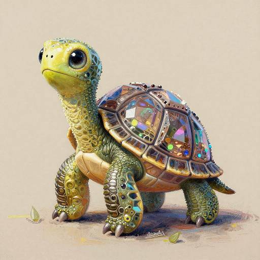 Digital illustration of a cute, green, cartoon-style turtle with a shiny, iridescent, metal-like shell standing on a light-colored surface.