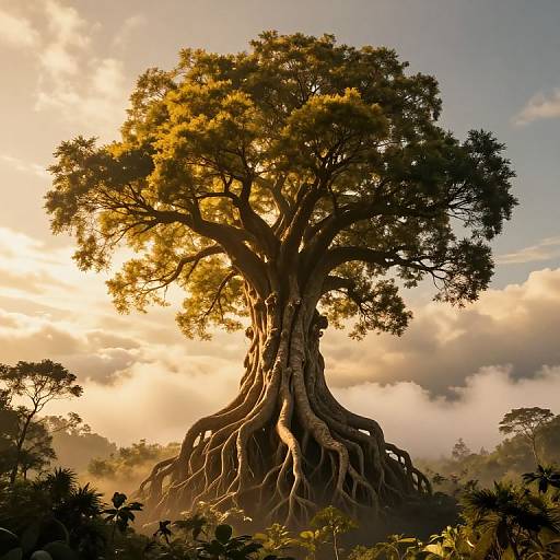 Photograph of a massive, sunlit tree with intricate, exposed roots, surrounded by dense foliage and misty clouds at sunrise.