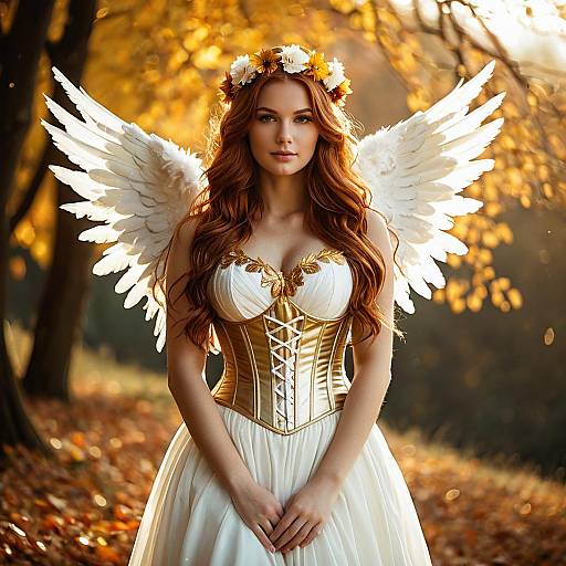 Angel Woman in Golden Corset Dress with Wings